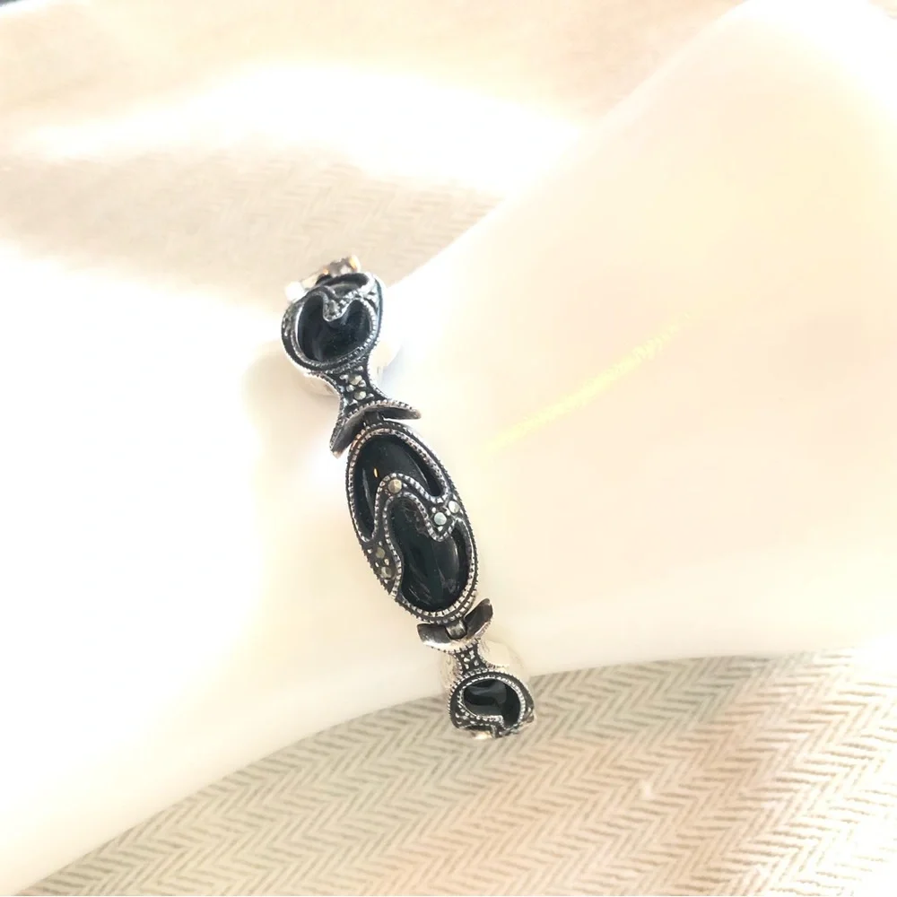JUDITH JACK Vintage Black Onyx Marcasite Sterling Silver Art Deco Bracelet